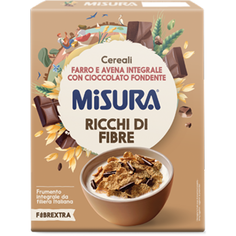 Immagine del packaging dei Cereali farro e avena integrale con cioccolato fondente Misura della Linea Fibrextra