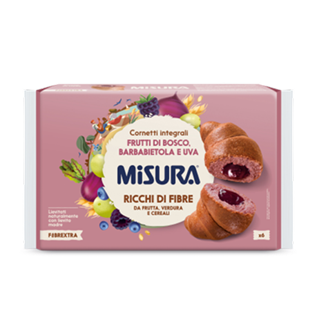 Immagine di una confezione dei cornetti integrali frutti di bosco, barbabietole e uva Misura, linea Fibrextra