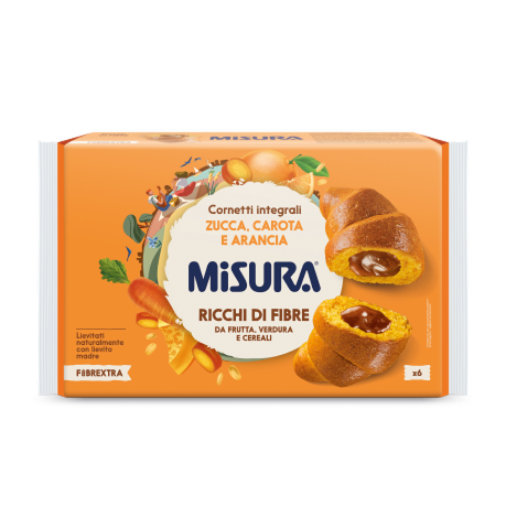 Immagine di una confezione dei Cornetti integrali zucca, carota e arancia Misura, linea Fibrextra