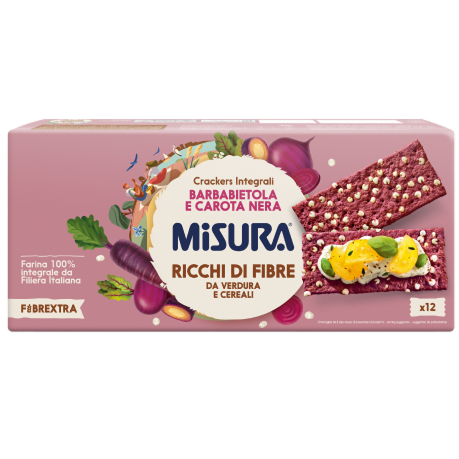 Immagine di una confezione di crackers integrali barbabietola e carota nera Misura della linea Fibrextra